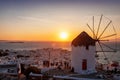 The traditional Greek windmill over the town of Mykonos island, Cyclades, Greece Royalty Free Stock Photo