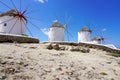 Traditional greek windmills on Mykonos island, Cyclades, Greece Royalty Free Stock Photo