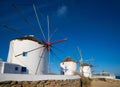 Traditional greek windmills on Mykonos island at sunrise, Cyclades, Greece Royalty Free Stock Photo