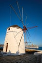 Traditional greek windmills on Mykonos island at sunrise, Cyclades, Greece Royalty Free Stock Photo