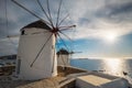 Traditional greek windmills on Mykonos island at sunrise, Cyclades, Greece Royalty Free Stock Photo