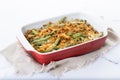 A traditional green bean casserole topped with French Fried Onions and cream of mushroom Royalty Free Stock Photo