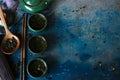 Traditional green Chinese teapot and cups view from the top Royalty Free Stock Photo