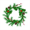 Traditional green christmas fir wreath with cones, holly berry or winterberry with red berries. isolated