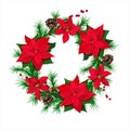 Traditional green christmas fir wreath with pointsettia flowers, cones and red berries isolated.