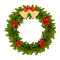 traditional green christmas wreath with golden bells and red balls isolated on white background. festive decoration Royalty Free Stock Photo
