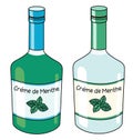 Traditional green and white sweet French Creme de Mente mint liqueurs in a bottle. Doodle cartoon hipster style vector