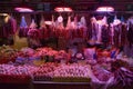 A traditional Guangzhou old farmer market stall with smoked meat, sausages, dried salted fish, egs etc. Royalty Free Stock Photo