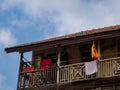 Traditional Gudhi displayed outside old buildings/chawls on the occassion on Hindu New Year Parade, Gudhi Padva Royalty Free Stock Photo