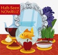 Traditional Haft-Seen Table Ready for Nowruz Celebration, Vector Illustration