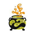 Traditional Halloween element. Cauldron witch magic bubbling green poison. Symbol of witchcraft. Boiling pot. Liquid with eyes.