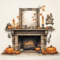 Halloween Fireplace Illustration With Ink Wash Style