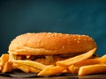 Traditional hamburger on a black napkin.