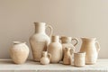 Traditional hand-made clay or ceramic products such as vases, jugs, cups in sunlight. Assortments craft pottery Royalty Free Stock Photo