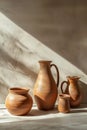 Traditional hand-made clay or ceramic products such as vases, jugs, cups in sunlight. Assortments craft pottery Royalty Free Stock Photo