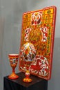 Traditional handicraft, ethnic craft. Vintage ware with Boretskaya and Pichuzhskaya painting. Russian North Dvina . Folk