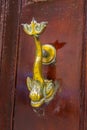 Traditional handle and doorknocker made of brass in the form of fish on the doors of old houses in Malta, Gozo