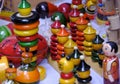 Traditional handmade Colorful toys made from wood, wooden toys, family, selective focus