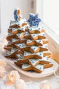 Handmade decorated Christmas tree shaped gingerbread cookies on the plate