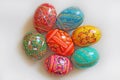 Traditional handmade Easter decoration - colored eggs. Royalty Free Stock Photo