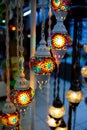 Traditional handmade multicolor Turkish, Moroccan, Arabian lamps. Mosaic style and colored glass lantern. Turkish lamps