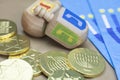 Hanukkah Dreidels, Napkins and Chocolate Gelt Coins Royalty Free Stock Photo