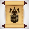 Traditional Hanukkah Elements on Scroll, Vector Illustration