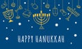 Traditional Hanukkah objects hanging on the top of the page. Greeting card design template. Hand drawn outline sketch illustration Royalty Free Stock Photo