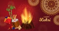 Traditional Happy Lohri Horizontal background. Dhol, Bamboo, harvest, kite and ladoo. Realistic digital graphic. Punjabi festival