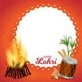 Traditional Happy Lohri square background design. Dhol, Bamboo, harvest and ladoo. Realistic frame template Punjabi festival