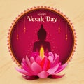 Traditional Happy Vesak Day Square background. Buddha and candle flame golden lotus. Realistic digital graphic. Buddhist festival Royalty Free Stock Photo