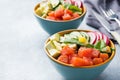 Traditional Hawaiian Poke salad with salmon, avocado rice and vegetables in a bowl on two persons. Copy space Royalty Free Stock Photo
