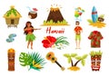 Traditional Hawaiian Symbols with Hibiscus Flower, Bungalow, Surfboard, Tiki Tribal Mask, Ukulele, Exotic Cocktails Big