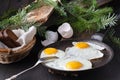 Traditional healthy easy quick breakfast meal made of two fried eggs served on a frying pan Royalty Free Stock Photo