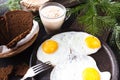 Traditional healthy easy quick breakfast meal made of two fried eggs served on a frying pan Royalty Free Stock Photo