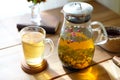 Traditional heral tea with glass teapot, cup, dried rose buds. Flowers on wooden table at home,sunlight background