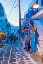 Traditional narrow cobbled commercial street of Chora Mykonos Cyclades Greece Royalty Free Stock Photo