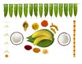 Traditional hindu pooja essential items, bannana, betel leaf, betel nuts, coconut, turmeric, kumkum, turmeric sticks, mari gold fl
