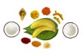 Traditional hindu pooja essential items, bannana, betel leaf, betel nuts, coconut, turmeric, kumkum, turmeric sticks, mari gold fl