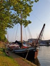 Traditional historical sailing ship in the harbor from Muiden in