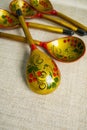 Traditional hohloma spoons. Ukrainian spoons made of wood, colorful Khokhloma painting.Wooden spoons - Khokhloma