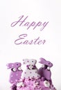 Traditional holiday Easter cakes decorated with lilac bunnys. Greeting card