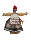 Traditional home-made Russian doll made of fabric. A doll with a white apron