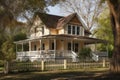 traditional home with wraparound porch and wooden railing Royalty Free Stock Photo