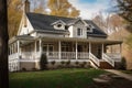 traditional home with wraparound porch and wooden railing Royalty Free Stock Photo