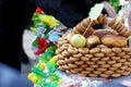 Traditional homemade baked cakes or jams with jam in a basket on the table