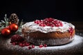 traditional homemade christmas cake with pomegranate powdering