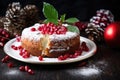 traditional homemade christmas cake with pomegranate powdering
