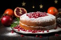 traditional homemade christmas cake with pomegranate powdering