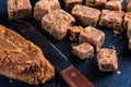 Traditional homemade fudge toffee, cut in squares cubes